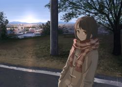 Rule 34 | 1girl, artist name, blue sky, checkered clothes, checkered scarf, city, closed mouth, coat, commentary request, day, grass, hands in pockets, horizon, long sleeves, looking at viewer, original, outdoors, red scarf, road, scarf, scenery, signature, sky, smile, solo, sunrise, tree, umiroku, utility pole