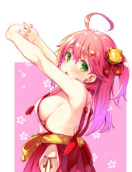 Rule 34 | 1girl, :o, ahoge, arms up, bell, breasts, commentary request, dodome-iro mayonnaise, floral background, flower-shaped pupils, from side, green eyes, hair bell, hair ornament, hololive, interlocked fingers, long hair, looking at viewer, medium breasts, nail polish, nontraditional miko, one side up, pink background, pink hair, pink nails, sakura miko, sakura miko (1st costume), sideboob, solo, stretching, symbol-shaped pupils, two-tone background, upper body, virtual youtuber, white background, x hair ornament