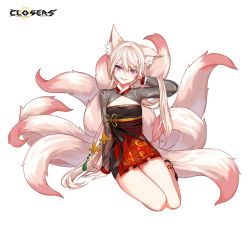 Rule 34 | 1girl, animal ear fluff, animal ears, arm up, blonde hair, closers, dress, fox ears, fox tail, grin, highres, kyuubi, long hair, long sleeves, looking at viewer, luna aegis (closers), multiple tails, official art, pink dress, pink eyes, pink ribbon, ribbon, see-through, see-through sleeves, sitting, smile, solo, tail, thighs, very long hair