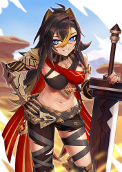 Rule 34 | 1girl, absurdres, animal ears, black hair, black pants, blonde hair, blue eyes, blue sky, blurry, blurry background, breasts, cloud, commentary request, day, dehya (genshin impact), depth of field, desert, eyebrows hidden by hair, gauntlets, genshin impact, grin, hair between eyes, hand on hilt, hand on own hip, highres, leaning forward, long hair, medium breasts, multicolored hair, nail polish, navel, pants, red nails, rock, safue (user epnc3857), single gauntlet, sky, smile, solo, streaked hair, sword, torn clothes, torn pants, very long hair, weapon