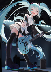 Rule 34 | 1girl, 200f (nifu), :d, absurdres, aqua eyes, aqua hair, aqua nails, aqua necktie, black footwear, black skirt, blush, boots, concert, detached sleeves, electric guitar, floating hair, from below, full body, guitar, hair ornament, half-closed eyes, hatsune miku, headset, highres, holding, holding instrument, idol, indoors, instrument, leaning forward, long hair, looking at viewer, necktie, open mouth, skirt, smile, solo, speaker, stage, stage lights, thigh boots, thighhighs, treble clef, v, very long hair, vocaloid, zettai ryouiki