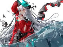 Rule 34 | 1girl, aqua headwear, arknights, blush, breasts, closed mouth, dress, feet out of frame, hand on headwear, highres, kkk dami, long hair, looking away, medium breasts, official alternate costume, on water, red dress, red eyes, skadi (arknights), skadi the corrupting heart (arknights), solo, standing, very long hair, water, white background, white hair, wide sleeves