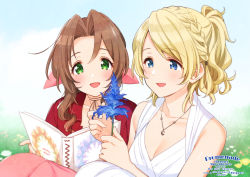 Rule 34 | 2girls, aerith gainsborough, bare arms, blonde hair, blue eyes, blue flower, blush, book, braid, breasts, brown hair, choker, cleavage, crossover, dress, field, final fantasy, final fantasy vii, final fantasy vii remake, final fantasy xv, flower, flower field, green eyes, holding, holding book, holding flower, jacket, jewelry, krudears, lunafreya nox fleuret, multiple girls, necklace, open mouth, pink dress, ponytail, red jacket, ribbon, smile, square enix, wavy hair, white dress