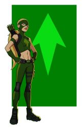 Rule 34 | 1girl, arrow (projectile), artemis crock, belt, blonde hair, boots, dc comics, domino mask, gloves, highres, jerome-k-moore, knee pads, mask, midriff, ponytail, resolution mismatch, source larger, superhero costume, young justice
