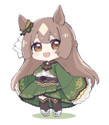 Rule 34 | 1girl, :d, absurdres, animal ears, black thighhighs, braid, brown eyes, brown hair, chibi, commentary request, full body, green jacket, green skirt, highres, horse ears, jacket, long hair, long sleeves, multicolored hair, nozo (hitomiz), open mouth, satono diamond (umamusume), shadow, shirt, shoes, simple background, skirt, sleeves past fingers, sleeves past wrists, smile, solo, thighhighs, two-tone hair, umamusume, very long hair, white background, white footwear, white hair, white shirt, wide sleeves