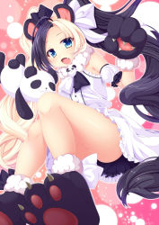 Rule 34 | 1girl, :o, animal ears, animal hands, bad id, bad pixiv id, bare legs, black bow, black hair, blonde hair, blue eyes, bow, convenient censoring, convenient leg, detached sleeves, dress, eyebrows, fang, flat chest, frilled dress, frilled sleeves, frills, from below, fur trim, gloves, hair bow, light particles, long hair, looking at viewer, matatabi maru, multicolored bow, multicolored hair, no panties, open mouth, original, outline, panda, panda ears, paw gloves, paw print, paw shoes, puffy sleeves, red background, shiny skin, shoes, sleeveless, sleeveless dress, solo, split-color hair, stuffed animal, stuffed panda, stuffed toy, twintails, two-tone hair, upskirt, very long hair, white bow, white dress
