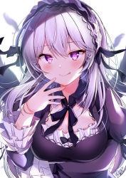 Rule 34 | 1girl, absurdres, black ribbon, blush, braid, breasts, cleavage, commentary request, dress, frills, hair between eyes, hair ribbon, hairband, heart, heart-shaped pupils, heart in eye, highres, large breasts, licking lips, long hair, long sleeves, looking at viewer, nenobi (nenorium), pink eyes, ribbon, rozen maiden, silver hair, smile, solo, suigintou, symbol-shaped pupils, symbol in eye, tongue, tongue out, wings