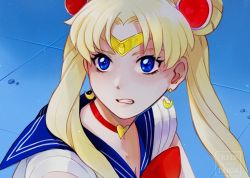 Rule 34 | 1girl, bishoujo senshi sailor moon, blonde hair, blue eyes, blue sailor collar, bow, bowtie, breasts, choker, cleavage, commentary, crescent, crescent earrings, derivative work, earrings, english commentary, from side, hair ornament, heart, heart choker, jewelry, meme, parted bangs, parted lips, red bow, red bowtie, red choker, redtaiga, sailor collar, sailor moon, sailor moon redraw challenge (meme), school uniform, screenshot redraw, serafuku, solo, sweatdrop, tiara, twintails, upper body