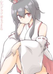 Rule 34 | 1girl, akara kai, bare shoulders, black hair, detached sleeves, japanese clothes, kantai collection, medium hair, nontraditional miko, red eyes, sitting, solo, white background, wide sleeves, yamashiro (kancolle)