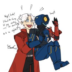 Rule 34 | 1boy, 1other, belt, black pants, black shirt, blue eyes, carrying, coat, commentary, dante (devil may cry), devil may cry (series), devil may cry 5, english commentary, english text, gun, hair intakes, highres, holding, holding gun, holding weapon, long sleeves, mannisheep, open mouth, pants, red coat, shirt, teeth, trait connection, trigger discipline, ultrakill, upper teeth only, v1 (ultrakill), weapon, white hair