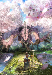 Rule 34 | 1other, absurdres, baggy pants, cherry blossoms, day, dragon, falling petals, full body, gauntlets, highres, holding, holding sword, holding weapon, japanese clothes, looking at another, monster hunter (character), monster hunter (series), outdoors, pants, petals, pink rathian, rathian, reflection, reflective water, scenery, standing, sword, touro, tree, water, weapon, wyvern
