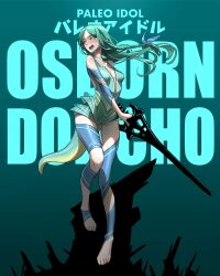 Rule 34 | 1girl, aqua hair, barefoot, blue background, blue eyes, breasts, dinosaur girl, dinosaur tail, full body, gradient background, highres, holding, holding sword, holding weapon, kamitoge supino, lizard tail, long hair, looking at viewer, neck tattoo, open mouth, original, personification, plunging neckline, sleeveless, small breasts, solo, standing, sweat, sword, tail, tattoo, unzipped, weapon