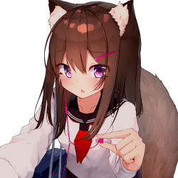 Rule 34 | 1girl, absurdres, animal ear fluff, animal ears, bag, black sailor collar, blush, brown hair, chestnut mouth, collarbone, commentary request, earbuds, earphones, fingernails, fox ears, fox girl, fox tail, hair between eyes, hair ornament, hairclip, hand up, highres, holding, holding earphones, long sleeves, looking at viewer, mayogii, neckerchief, original, parted lips, purple eyes, red neckerchief, sailor collar, school bag, school uniform, serafuku, shirt, simple background, solo, tail, white background, white shirt
