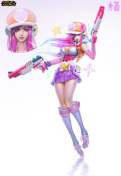 Rule 34 | 1girl, alternate costume, arcade miss fortune, artist name, blue eyes, boots, breasts, cabbie hat, detached sleeves, dual wielding, full body, game boy, game boy (original), handheld game console, hat, highres, holding, hood, hoodie, league of legends, light gun, long hair, looking at viewer, midriff, miss fortune (league of legends), navel, parted lips, pink hair, skirt, smile, solo, star (symbol), vest, zeronis