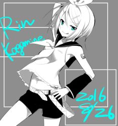 Rule 34 | 1girl, 2016, aqua eyes, arm tattoo, bare shoulders, belt, bow, breasts, character name, dated, detached sleeves, greyscale, hair bow, hair ornament, hairclip, hand on own hip, headphones, headset, kagamine rin, looking at viewer, midriff, midriff peek, mizuhoshi taichi, monochrome, navel, number tattoo, sailor collar, shirt, short hair, shorts, skinny, sleeveless, sleeveless shirt, small breasts, smile, smirk, solo, spot color, tattoo, tongue, tongue out, v-shaped eyebrows, vocaloid