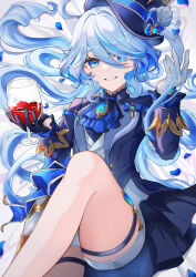Rule 34 | 1girl, absurdres, ascot, asymmetrical gloves, black gloves, blue ascot, blue brooch, blue gemstone, blue hair, blue hat, blue jacket, blue petals, clenched teeth, colored inner hair, cup, drinking glass, drop-shaped pupils, furina (genshin impact), gem, genshin impact, gloves, hands up, hat, heterochromia, highres, holding, holding cup, jacket, knee up, light blue hair, long hair, looking at viewer, lying, mismatched gloves, mismatched pupils, mugita (mokankan), multicolored hair, on back, on bed, one eye covered, open mouth, petals, red wine, shorts, sidelocks, solo, symbol-shaped pupils, teeth, top hat, white gloves, white shorts, wine glass