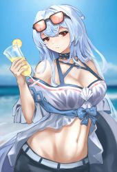 Rule 34 | 1girl, arknights, ascter, bare shoulders, blue sky, breasts, choker, cleavage, cloud, commentary, cup, day, drinking glass, eyewear on head, food, fruit, hand up, head tilt, highres, holding, holding cup, large breasts, lemon, lemon slice, long hair, looking at viewer, midriff, navel, ocean, off-shoulder shirt, off shoulder, official alternate costume, red eyes, shirt, short sleeves, silver hair, skadi (arknights), skadi (waverider) (arknights), sky, solo, stomach, sunglasses, upper body, white shirt