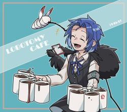 Rule 34 | +++, armband, blue hair, blue ribbon, blue sky, chesed (project moon), closed eyes, coffee, coffee mug, collared shirt, commentary request, cup, english text, grey vest, hakka (ariel0104), holding, holding cup, judgement bird, lobotomy corporation, long sleeves, lower teeth only, mug, neck ribbon, open mouth, project moon, ribbon, shirt, short hair, sky, teeth, vest, white shirt