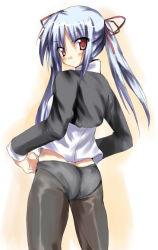 Rule 34 | 1girl, ass, bad id, bad pixiv id, blue hair, blush, bottomless, character request, no pants, panties, panties under pantyhose, pantyhose, red eyes, ryokushiki (midori-ya), solo, source request, twintails, underwear