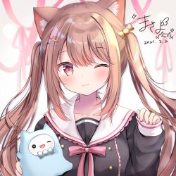 Rule 34 | 1girl, ;), absurdres, animal ear fluff, animal ears, black shirt, blush, bow, breasts, brown hair, candy hair ornament, cat ears, closed mouth, commentary request, dated, fingernails, food-themed hair ornament, hair between eyes, hair ornament, hairclip, hands up, highres, long sleeves, looking at viewer, masayo (gin no ame), one eye closed, original, paw pose, pink bow, red eyes, sailor collar, shirt, signature, sleeves past wrists, small breasts, smile, solo, twintails, upper body, white sailor collar