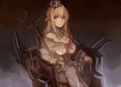 Rule 34 | 1girl, blonde hair, blue eyes, blush, braid, breasts, cleavage, commentary, crossed legs, crown, dark background, dress, french braid, grey thighhighs, highres, jewelry, kantai collection, large breasts, long hair, mini crown, moor, necklace, off-shoulder dress, off shoulder, simple background, sitting, smile, solo, thighhighs, warspite (kancolle)