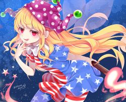 Rule 34 | 1girl, american flag dress, american flag legwear, blush, chikuwa savy, clownpiece, dress, fairy wings, fire, floating hair, hand up, hat, jester cap, leaning forward, licking lips, long hair, looking at viewer, neck ruff, pantyhose, pink eyes, polka dot, purple hat, short dress, short sleeves, sky, solo, star (sky), star (symbol), star print, starry sky, striped, tongue, tongue out, torch, touhou, transparent wings, twitter username, wings