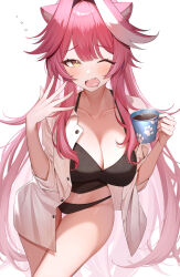 1girl absurdres animal_ear_fluff animal_ears black_bra black_panties blush bra breasts cat_ears cat_girl cleavage coffee_mug cup fang gawawawa grey_hair highres holding holding_cup hololive hololive_english large_breasts mug multicolored_hair one_eye_closed panties pink_hair raora_panthera shirt skin_fang streaked_hair underwear virtual_youtuber white_background white_shirt yawning yellow_eyes