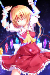 Rule 34 | 1girl, arms up, ascot, blonde hair, blush, bow, chain, closed eyes, collarbone, cowboy shot, crystal, dress, flandre scarlet, frilled shirt collar, frilled skirt, frills, glowing, hair between eyes, highres, hyurasan, no headwear, puffy short sleeves, puffy sleeves, red dress, restrained, short sleeves, side ponytail, skirt, skirt set, sky, solo, star (sky), starry sky, touhou, wings, wrist cuffs