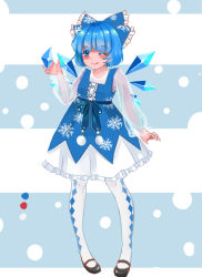 Rule 34 | 1girl, ;p, blue dress, blue eyes, blue hair, blush, bow, cirno, colored eyelashes, dress, hair bow, highres, ice, ice wings, mary janes, nomi mochigome, one eye closed, pantyhose, petticoat, see-through, see-through sleeves, shoes, short hair, sleeveless, sleeveless dress, solo, tongue, tongue out, touhou, transparent sleeves, white pantyhose, wings