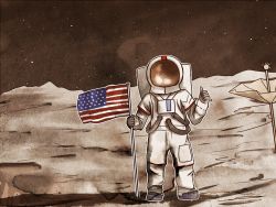 Rule 34 | 1960s (style), akihiyo, american flag, astronaut, artistic error, moon, oldschool, on moon, retro artstyle, solo, space, spacesuit, star (sky), thumbs up, touhou