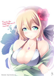 Rule 34 | 10s, 1girl, artist name, blonde hair, blush, breast lift, breasts, cleavage, closed mouth, collarbone, english text, flower, green eyes, hair flower, hair ornament, heart, hibiscus, jewelry, kantai collection, large breasts, looking at viewer, mimelex, necklace, prinz eugen (kancolle), solo, swimsuit, twitter username, upper body, watermark, web address