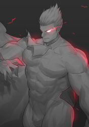 Rule 34 | 1boy, absurdres, bara, bodysuit, bulge, check copyright, copyright request, from above, glowing, glowing eyes, highres, hunterkay, large pectorals, looking ahead, male focus, muscular, muscular male, original, pectorals, short hair, solo, spiked hair, thick thighs, thighs, v-taper