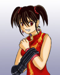 Rule 34 | 1girl, angry, aone-aki, brown hair, china dress, chinese clothes, chunsoft, claw (weapon), dragon quest, dragon quest iii, dress, earrings, enix, fighter (dq3), jewelry, lowres, red eyes, short hair, short twintails, solo, twintails, weapon