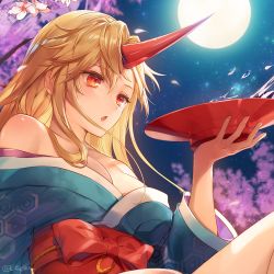 Rule 34 | 1girl, :o, alternate costume, artist name, bare shoulders, blonde hair, blue kimono, branch, breasts, cherry blossoms, cleavage, commentary request, cup, hair between eyes, hand up, holding, holding cup, horns, hoshiguma yuugi, hoshiguma yuugi (kimono), japanese clothes, kikugetsu, kimono, large breasts, long hair, long sleeves, night, night sky, obi, off shoulder, outdoors, parted lips, red eyes, red sash, sakazuki, sash, sidelocks, single horn, sitting, sky, solo, star (sky), starry sky, thighs, touhou, twitter username, upper body, wide sleeves