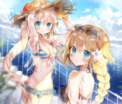 Rule 34 | 2girls, :o, b rock, bad id, bad pixiv id, bikini, bikini top only, bikini under clothes, black bikini, blonde hair, blue eyes, blue sky, blurry, blush, braid, breasts, character name, cleavage, cloud, crop top, day, depth of field, eyewear on head, fate/grand order, fate (series), fence, flower, frilled bikini, frills, front-tie bikini top, front-tie top, gem, halterneck, hands on headwear, hat, hat flower, hibiscus, horizon, jeanne d&#039;arc (fate), jeanne d&#039;arc (ruler) (fate), jewelry, lens flare, lily (flower), long hair, long sleeves, looking at viewer, marie antoinette (fate), medium breasts, multiple girls, navel, necklace, ocean, outdoors, see-through, shirt, single braid, sky, smile, sparkle, stairs, straw hat, striped bikini, striped clothes, sun hat, sunglasses, sunlight, swimsuit, twintails, very long hair, water, water drop