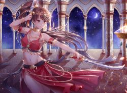 Rule 34 | 1girl, arm strap, bad id, bad pixiv id, breasts, brown hair, cleavage, closed mouth, collarbone, crescent moon, dancer, dual wielding, floating hair, groin, high ponytail, highres, holding, holding sword, holding weapon, huge filesize, iyar, long hair, medium breasts, midriff, moon, navel, orange eyes, original, red skirt, side slit, skirt, sky, smile, solo, standing, star (sky), starry sky, stomach, sword, very long hair, weapon