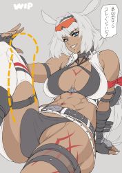 Rule 34 | !, 1futa, abs, arm support, belt, belt buckle, bikini, black headband, blue eyes, breasts, buckle, bulge, caenis (fate), caenis (swimsuit rider) (fate), caenis (swimsuit rider) (second ascension) (fate), chest tattoo, commentary request, dark-skinned female, dark skin, eyewear on head, fate/grand order, fate (series), fingerless gloves, futanari, gloves, grey background, grey hair, grin, hair between eyes, headband, large breasts, leg tattoo, long hair, looking at viewer, mikoyan, muscular, muscular female, nail polish, navel, parted lips, simple background, sleeveless, smile, solo, speech bubble, stomach tattoo, sunglasses, swimsuit, tattoo, teeth, translation request, unfinished, white nails