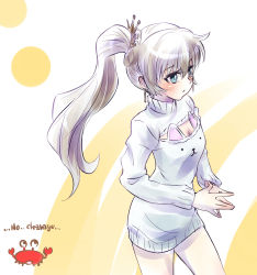 Rule 34 | 1girl, blue eyes, crab, english text, highres, iesupa, meme attire, open-chest sweater, ponytail, rwby, scar, solo, sweater, weiss schnee, white hair