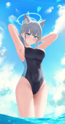 Rule 34 | 1girl, absurdres, aki uzuki3, animal ear fluff, animal ears, armpits, arms up, black one-piece swimsuit, blue archive, blue eyes, blue sky, blush, breasts, bright pupils, closed mouth, competition swimsuit, covered navel, cross hair ornament, day, extra ears, hair ornament, halo, highres, large breasts, long hair, looking at viewer, mismatched pupils, official alternate costume, one-piece swimsuit, outdoors, parted lips, ponytail, shiroko (blue archive), shiroko (swimsuit) (blue archive), sideboob, sky, solo, swimsuit, wading, water, wolf ears