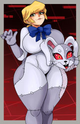 Rule 34 | 1girl, absurdres, alternate breast size, animal costume, artist request, blonde hair, breasts, breasts out, censored, corruption, curvy, dark persona, female focus, five nights at freddy&#039;s, five nights at freddy&#039;s: security breach, fur suit, green eyes, highres, large breasts, rabbit, rabbit costume, rabbit ears, rabbit tail, red eyes, simple background, skin tight, smile, solo, vanessa (fnaf), vanny (fnaf), wide hips