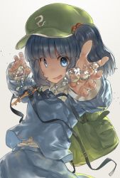 Rule 34 | 1girl, backpack, bag, blue eyes, blue hair, bubble, green hat, hair bobbles, hair ornament, hat, highres, kawashiro nitori, key, long sleeves, looking at viewer, monosenbei, parted lips, short hair, short twintails, solo, touhou, twintails, upper body