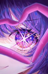 Rule 34 | 1girl, absurdres, artist name, blush, close-up, commentary, dubeaduver, eye focus, eyelashes, gloves, gradient eyes, heart, heart hands, highres, hoshino ai (oshi no ko), looking at viewer, multicolored eyes, oshi no ko, pink eyes, pink gloves, purple eyes, purple hair, smile, solo, star-shaped pupils, star (symbol), symbol-shaped pupils