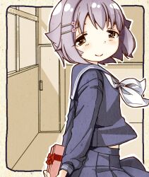 Rule 34 | 1girl, arms behind back, blue sailor collar, blue shirt, blue skirt, blush, box, brown eyes, closed mouth, commentary request, flower, from side, gift, gift box, grey hair, hair flaps, hair flower, hair ornament, hairclip, holding, holding gift, idolmaster, idolmaster cinderella girls, idolmaster cinderella girls starlight stage, koshimizu sachiko, locker, long sleeves, looking at viewer, looking to the side, neckerchief, pink flower, pleated skirt, puffy long sleeves, puffy sleeves, sailor collar, shirt, skirt, smile, solo, white neckerchief, window, yukie (kusaka shi)