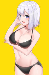 Rule 34 | :d, absurdres, arm under breasts, bad id, bad pixiv id, bikini, black bikini, blue eyes, breast hold, breasts, cleavage, cowboy shot, eyes visible through hair, halterneck, hand up, highres, large breasts, looking at viewer, navel, open mouth, original, short hair, silver hair, simple background, smile, solo, standing, suzuharu toufu, swimsuit, yellow background