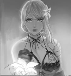 Rule 34 | 1boy, 1girl, absurdres, bandaged arm, bandaged neck, bandages, braided hair rings, breasts, cleavage, dress, flower, gloves, greyscale, hair flower, hair ornament, highres, kaine (nier), large breasts, lunar tear, monochrome, nier, nier (series), nier (young), nier reincarnation, on (isk1812), parted lips, short hair, solo focus, upper body