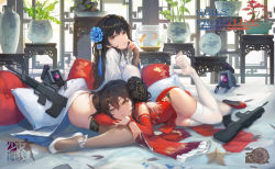 Rule 34 | 2girls, assault rifle, black hair, breasts, brown eyes, brown legwear, bullet, bullpup, detached sleeves, double bun, dress, empty eyes, finger to mouth, fishbowl, flower, girls&#039; frontline, gun, hair between eyes, hair bun, hair flower, hair lift, hair ornament, highres, indoors, large breasts, leg up, long hair, looking at viewer, lying, lyziqi chen, mole, mole under eye, multiple girls, official alternate costume, on stomach, panties, parted lips, qbz-95, qbz-97, rifle, shoes, unworn shoes, side-tie panties, side slit, sitting, slippers, string panties, thighhighs, type 95 (girls&#039; frontline), type 95 (narcissus) (girls&#039; frontline), type 97 (girls&#039; frontline), type 97 (peony) (girls&#039; frontline), underwear, weapon, white legwear, wide sleeves