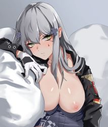 Rule 34 | 1girl, bags under eyes, breasts, breasts out, clothes pull, clothes writing, elbow rest, facial mark, fxgnhtc7ed7nr6d, german flag, girls&#039; frontline, gloves, green eyes, grey hair, hair ornament, head on arm, highres, hk416 (girls&#039; frontline), jacket, jacket pull, large breasts, leaning, long hair, long sleeves, looking at viewer, nipples, sidelocks, sitting, solo, teardrop, tears, tsurime, very long hair