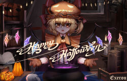 Rule 34 | 1girl, absurdres, ascot, blonde hair, book, candle, commentary, crystal, english commentary, fangs, flandre scarlet, gloves, halloween costume, hat, highres, indoors, jack-o&#039;-lantern, looking at viewer, marmite, mob cap, one side up, open mouth, orange eyes, orange gloves, orange hat, red ascot, short hair, skull, solo, top-exerou, touhou, wings