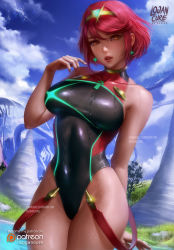 Rule 34 | 1girl, arm behind back, black one-piece swimsuit, breasts, competition swimsuit, covered collarbone, covered navel, cowboy shot, day, earrings, glint, glowing, hair between eyes, halterneck, highres, hip focus, jewelry, large breasts, legs together, leotard, logan cure, looking at viewer, neon trim, nintendo, one-piece swimsuit, outdoors, pyra (pro swimmer) (xenoblade), pyra (xenoblade), realistic, red eyes, red hair, short hair, skin tight, skindentation, smile, solo, standing, summer, swept bangs, swimsuit, teeth, thighs, tiara, upper teeth only, water, watermark, web address, wet, wet clothes, xenoblade chronicles (series), xenoblade chronicles 2