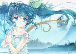 Rule 34 | 1girl, alternate costume, bare arms, blue eyes, collarbone, daiyousei, day, fairy wings, green hair, green ribbon, hair ribbon, own hands clasped, iris anemone, long hair, looking at viewer, nature, outdoors, own hands together, pointy ears, ribbon, shirt, side ponytail, sleeveless, solo, touhou, transparent wings, tree, twitter username, upper body, wings